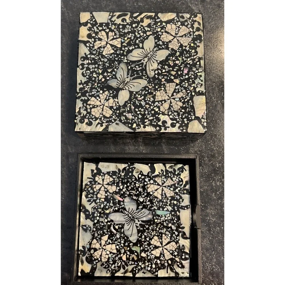 VNTG Lacquer Inlaid Mother of Pearl set of 4 Abalone Coaster Set & box - Korean
